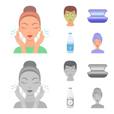 Yüz maskesi, Solaryum, şişe ts lasenom, yüzünde sivilce. Cilt Bakımı toplama simgeler çizgi film, tek renkli stil vektör simge stok çizim web ayarla..