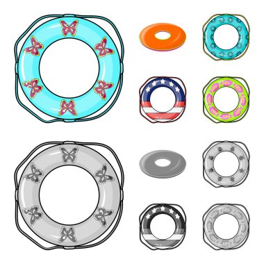 Çok renkli Yüzme daire çizgi film, set koleksiyonu tasarım için tek renkli simgeler. Farklı lifebuoys sembol stok web illüstrasyon vektör.