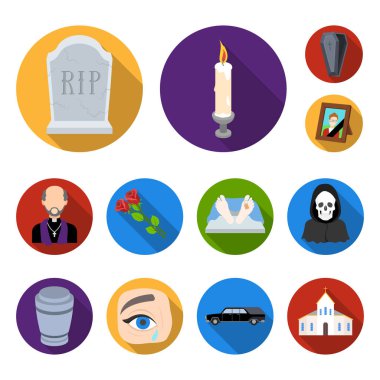 Cenaze töreni set koleksiyonu tasarım için düz simgeler. Cenaze törenleri ve öznitelikleri sembol stok web illüstrasyon vektör.