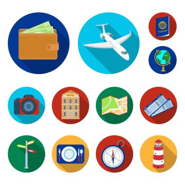Dinlenmek ve set koleksiyonu tasarım için düz simgeler seyahat. Ulaşım, turizm sembol stok web illüstrasyon vektör.