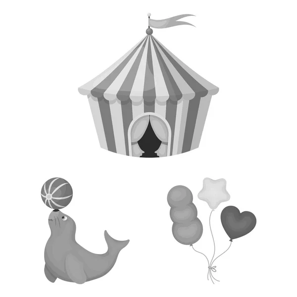 Cirque et attributs icônes monochromes dans la collection ensemble pour le design. Cirque Art vectoriel symbole stock web illustration . — Image vectorielle