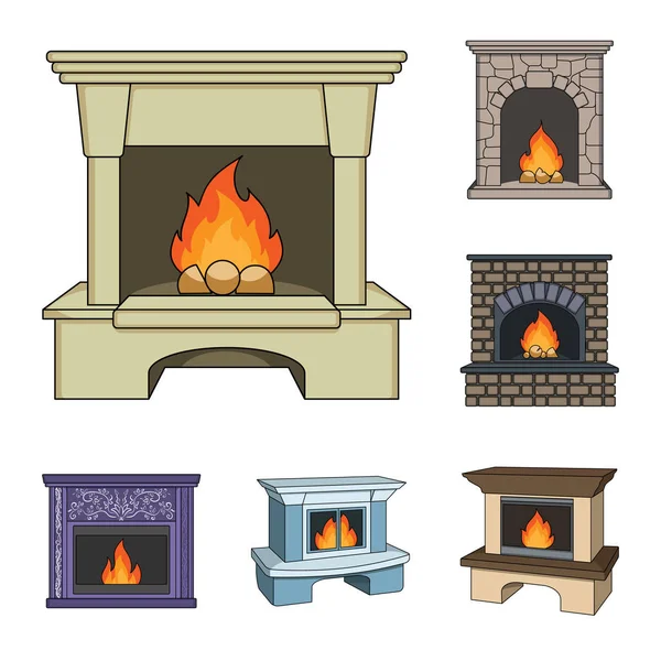 Different kinds of fireplaces cartoon icons in set collection for design.Fireplaces construction vector symbol stock web illustration. — Stock Vector