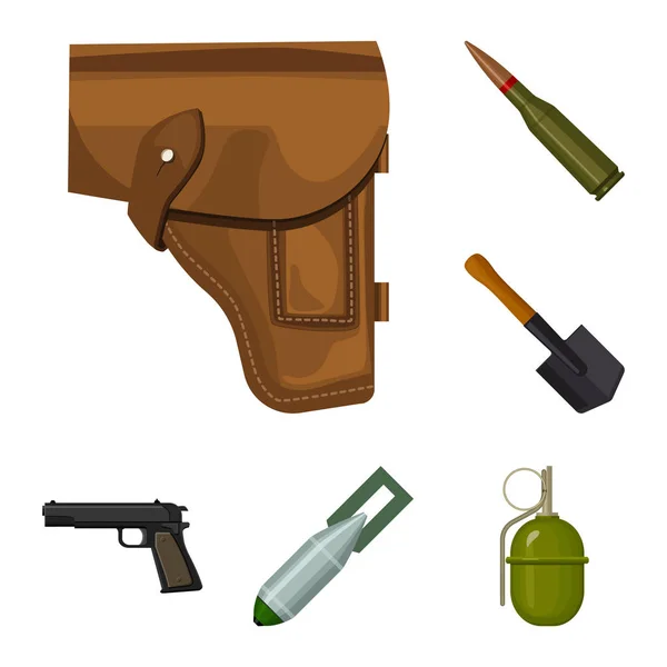 Ejército y armamento iconos de dibujos animados en la colección de conjuntos para el diseño. Armas y equipo vector símbolo stock web ilustración . — Vector de stock