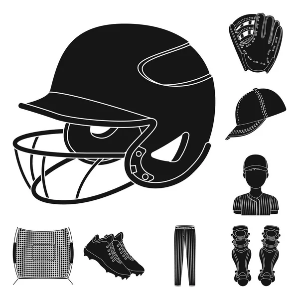 Baseball und Attribute schwarze Symbole in Set-Sammlung für design.Baseball-Spieler und Ausrüstung Vektor-Symbol Stock Web-Illustration. — Stockvektor