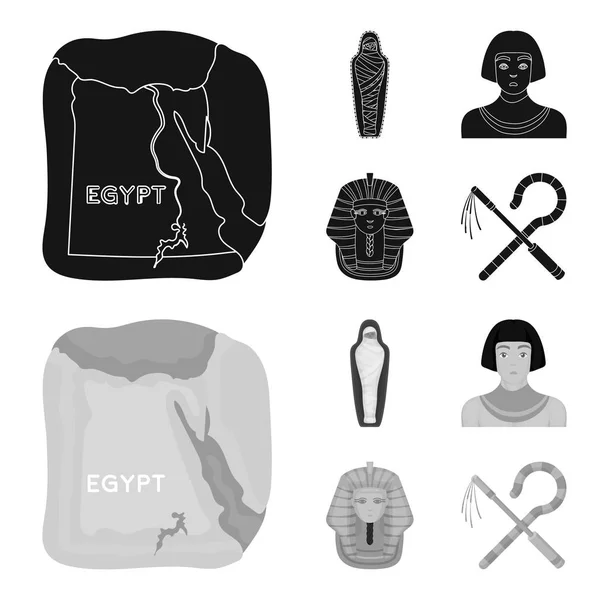 Ganove und Dreschflegel, eine goldene Maske, ein Ägypter, eine Mumie in einem Grab. Altägypten setzen Sammlungssymbole in schwarz, monochromen Stil Vektor Symbol Stock Illustration Web. — Stockvektor