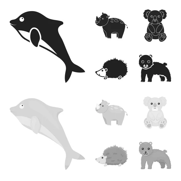 Rhino, koala, pantera, erizo. Iconos de colección conjunto de animales en negro, estilo monocromo vector símbolo stock ilustración web . — Archivo Imágenes Vectoriales