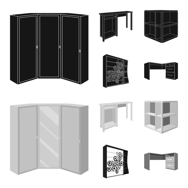 Klä tabell, hörn hyllor, dator skrivbord, garderob med glas. Sovrumsmöbler som samling ikoner i svart, svartvit stil vektor symbol stock illustration web. — Stock vektor