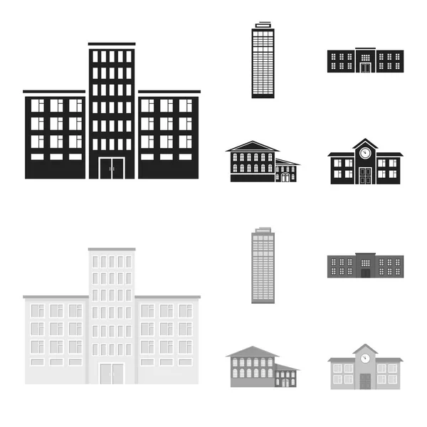 Rascacielos, la policía, el hotel, la escuela.Edificio conjunto de iconos de la colección en negro, el estilo monocromo vector símbolo stock illustration web . — Archivo Imágenes Vectoriales