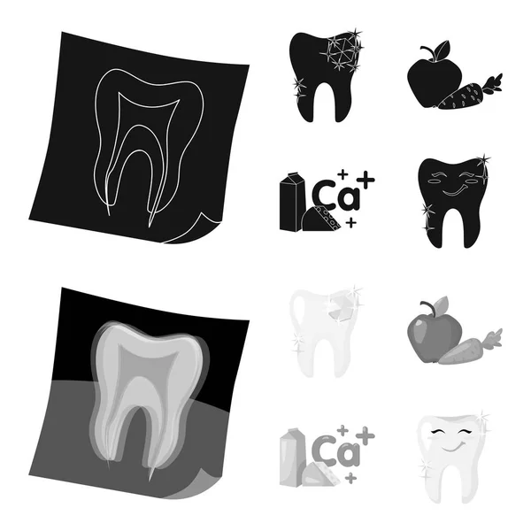 En tand med strålande mousserande, ett äpple med morötter användbar för tänder, mjölk i en låda, ost och ett tecken av kalcium, en leende tand. Tandvård som samling ikoner i svart, svartvit stil — Stock vektor