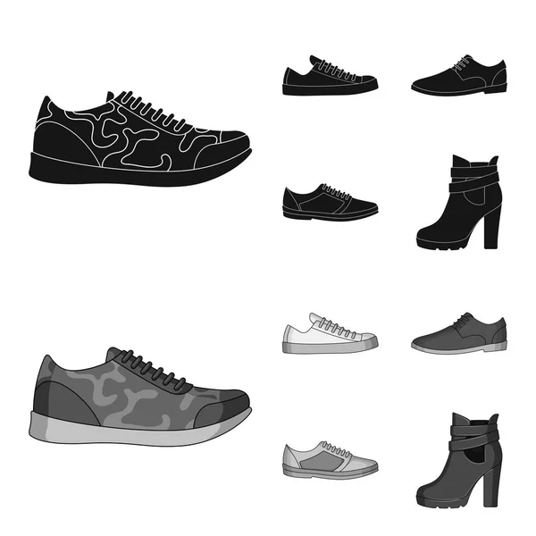 Ένα σύνολο από εικονίδια σε μια ποικιλία από παπούτσια. Διαφορετικά παπούτσια μόνο εικονίδιο στην μαύρη, μονόχρωμη στυλ διάνυσμα web σύμβολο μετοχής απεικόνιση. — Διανυσματικό Αρχείο