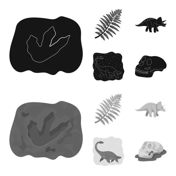 海の恐竜、トリケラトプス、先史時代の植物、人間の頭蓋骨。恐竜、先史時代は黒、白黒スタイル ベクトル シンボル ストック イラスト web でコレクションのアイコンを設定. — ストックベクタ