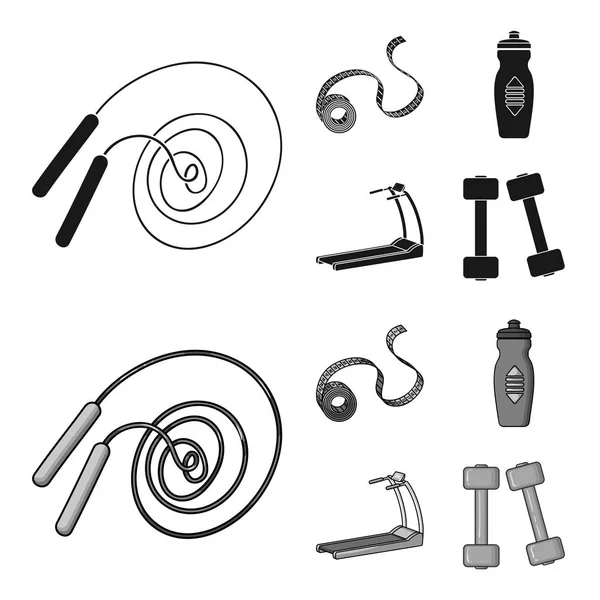 Вимірювальна стрічка, пляшку води, бігова доріжка, гантелі. Фітнесу встановити колекції іконки в чорний, монохромний стиль вектор символ запас ілюстрація веб-. — стоковий вектор