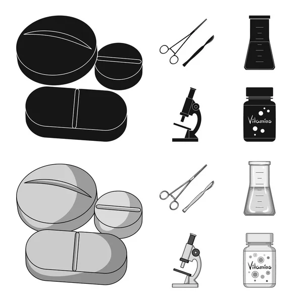 A bank of vitamins, a flask with a solution and other equipment.Medicine set collection icons in black,monochrome style vector symbol stock illustration web. — Stock Vector