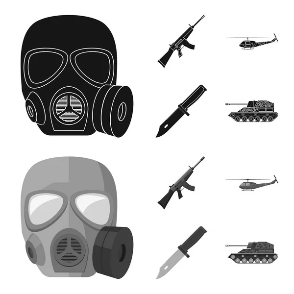 Fusil de asalto M16, helicóptero, tanque, cuchillo de combate. Militar y ejército conjunto colección iconos en negro, monocromo estilo vector símbolo stock ilustración web . — Vector de stock