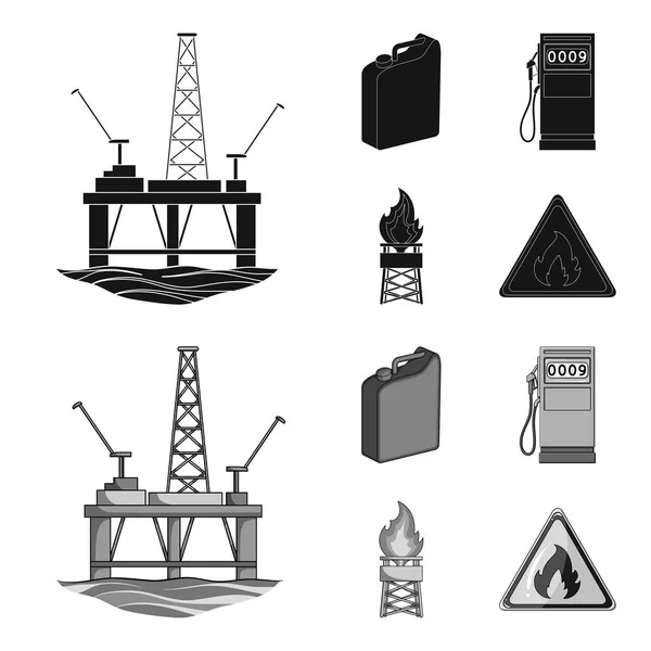 Behållare för bensin, bensinmack, tornet, varningsskylt. Olja som samling ikoner i svart, svartvit stil vektor symbol stock illustration web. — Stock vektor