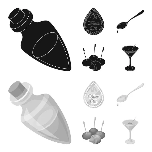 Label van olijfolie, lepel met een daling, olijven op stokjes, een glas alcohol. Olijven instellen collectie iconen in zwart, zwart-wit stijl vector symbool stock illustratie web. — Stockvector