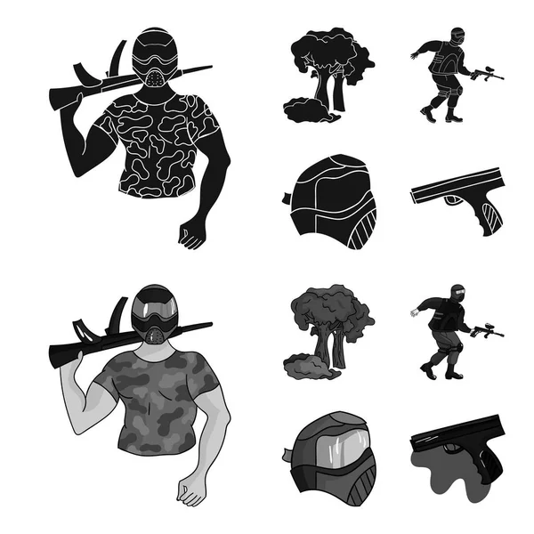 Masque, pistolet, peinture, inventaire .Paintball set collection icônes en noir, monochrome style vectoriel symbole illustration web . — Image vectorielle