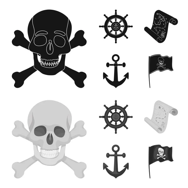 Pirata, bandido, timón, bandera .Pirates conjunto de iconos de la colección en negro, el estilo monocromo vector símbolo stock illustration web . — Vector de stock