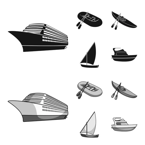 一艘橡皮渔船 一只划着桨的独木舟 一条钓鱼帆船 一辆摩托游艇 船舶和水运集合图标黑色 单色风格矢量符号股票插图 — 图库矢量图片