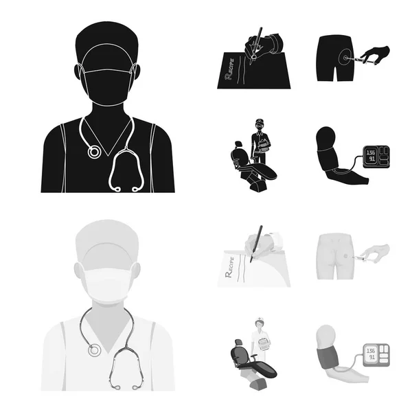 Inyección intramuscular, prescripción médica, dentista, medición de la presión arterial. Iconos de colección Medicineset en negro, estilo monocromo vector símbolo stock ilustración web . — Vector de stock