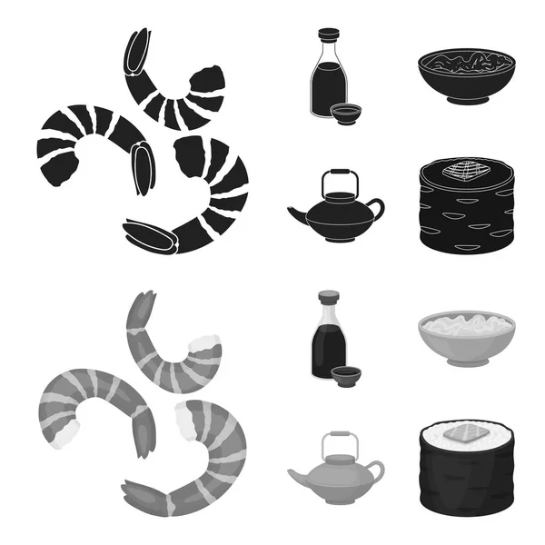 Salsa de soja, fideos, kettle.rolls.Sushi conjunto de iconos de la colección en negro, el estilo monocromo vector símbolo stock illustration web . — Archivo Imágenes Vectoriales