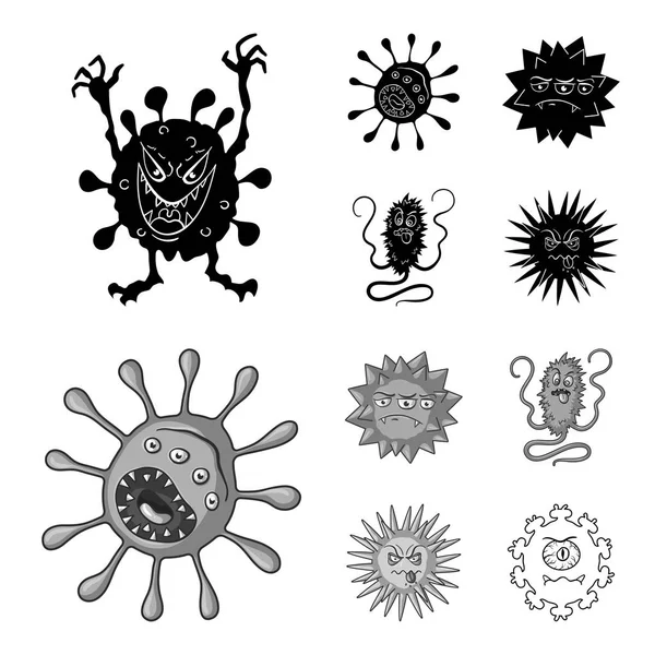 Berbagai jenis mikroba dan virus. Virus dan bakteri mengatur pengumpulan ikon dalam warna hitam, gaya monokrom vektor simbol saham gambar web . - Stok Vektor