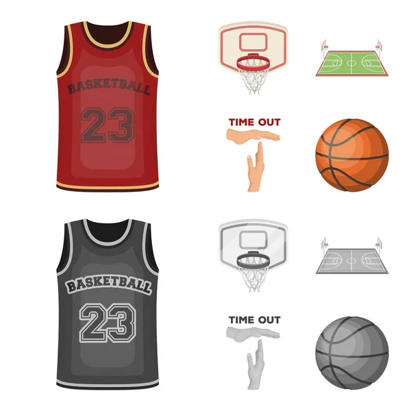 Baloncesto y atributos de dibujos animados, iconos monocromáticos en la colección de conjuntos para el diseño.Jugador de baloncesto y equipo vector símbolo stock web ilustración . — Archivo Imágenes Vectoriales
