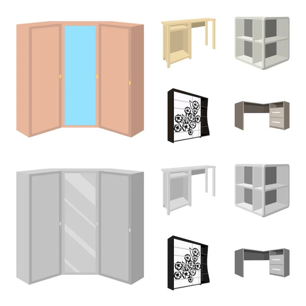 Tocador, estantes de esquina, escritorio de la computadora, armario con vidrio. Dormitorio muebles conjunto colección iconos en la historieta, el estilo monocromo vector símbolo stock ilustración web . — Vector de stock