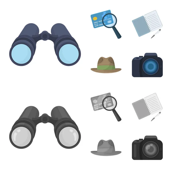 Cámara, lupa, sombrero, cuaderno con bolígrafo.Detective conjunto de iconos de la colección en la historieta, el estilo monocromo vector símbolo stock ilustración web . — Vector de stock