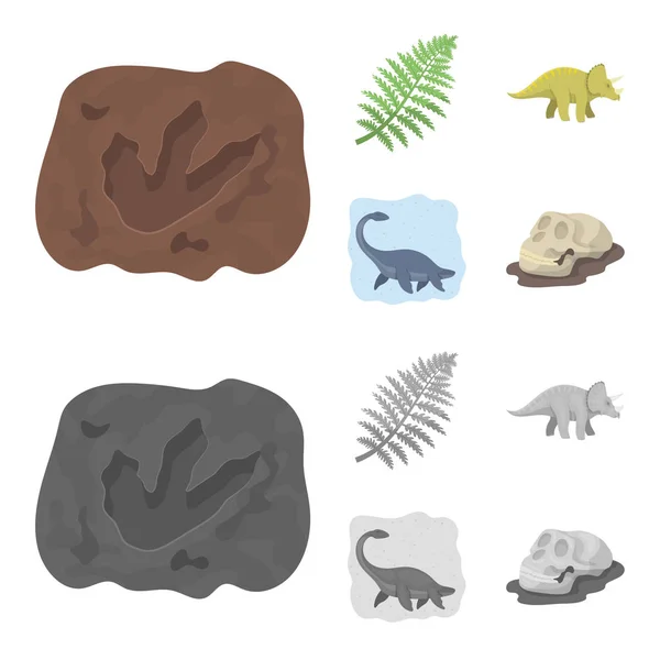 Dinosaurio marino, triceratops, planta prehistórica, cráneo humano. Dinosaurio y período prehistórico conjunto de iconos de colección en la historieta, el estilo monocromo vector símbolo stock ilustración web . — Archivo Imágenes Vectoriales