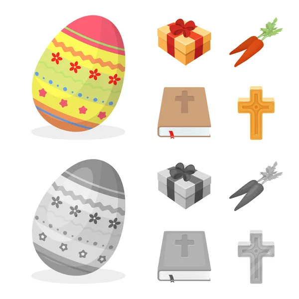 Croce, bibbia, regalo e carrotte. icone della collezione set di Pasqua in cartone animato, in stile monocromatico vettore simbolo stock illustrazione web . — Vettoriale Stock