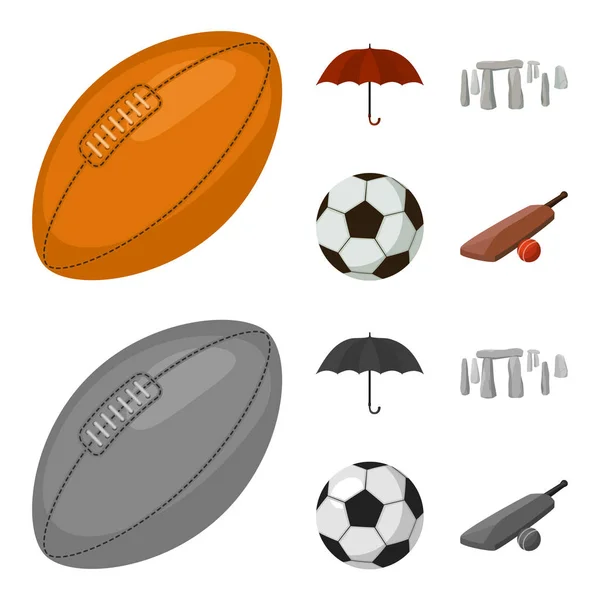 Paraplu, steen, bal, cricket. Engeland land instellen collectie iconen in de tekenfilm, zwart-wit stijl vector symbool stock illustratie web. — Stockvector