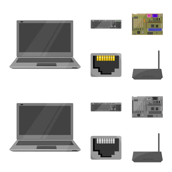 キーボード、ルーター、マザーボード、およびコネクタ。パソコンはモノクロ スタイル ベクトル シンボル ストック イラスト web 漫画でコレクションのアイコンを設定. — ストックベクタ
