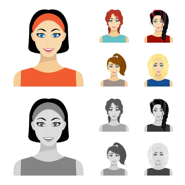 女性のヘアスタイルの種類漫画 モノクロのアイコン デザインのセットのコレクションです 女性のベクトル シンボル ストック イラストの外観 — ストックベクタ