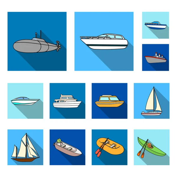 Icônes plates de transport de l'eau et de la mer dans la collection ensemble pour le design. Divers bateaux et navires symbole vectoriel stock web illustration . — Image vectorielle