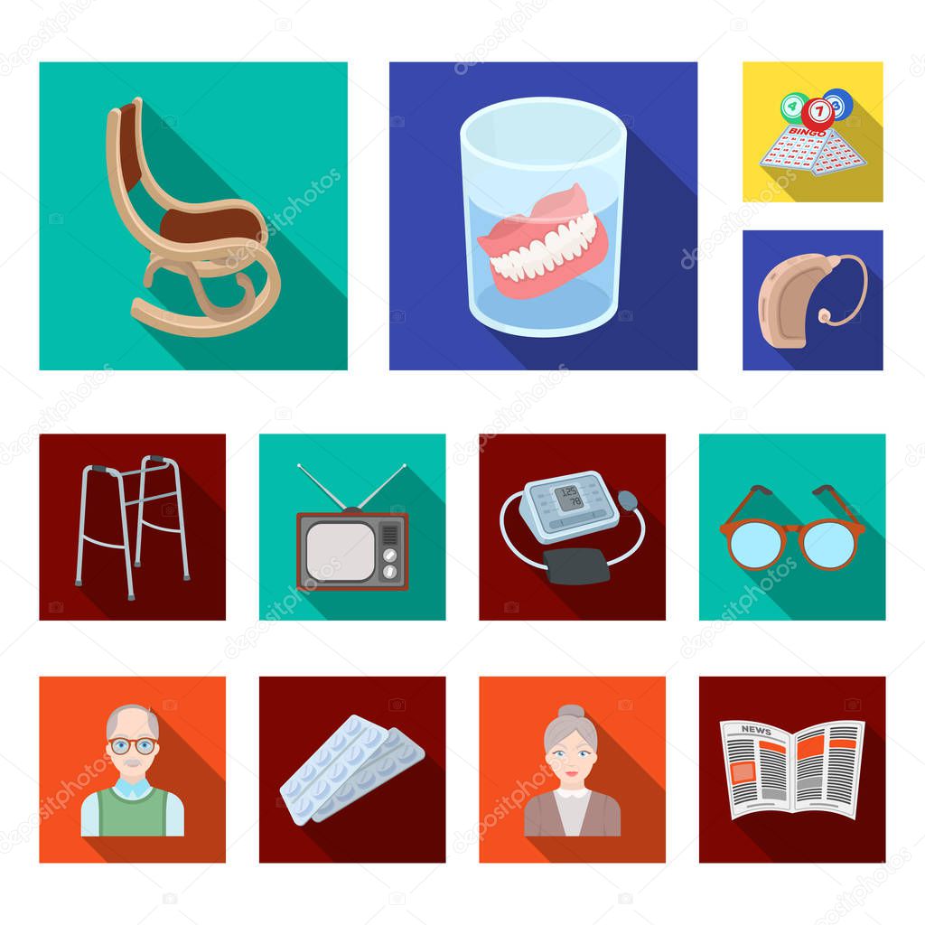 Human old age flat icons in set collection for design. Pensioner, period of life vector symbol stock web illustration.