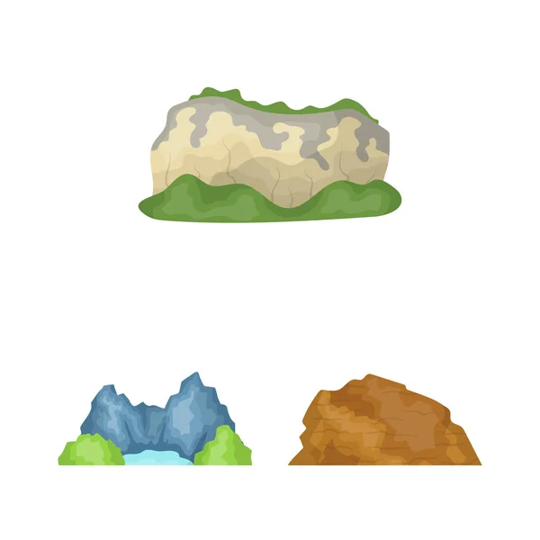 Diferentes iconos de dibujos animados montañas en la colección de conjuntos para design.Mountains y vector de paisaje símbolo de stock web ilustración . — Vector de stock