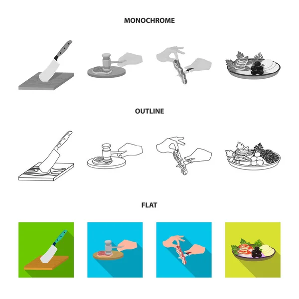 Cortar en una tabla de cortar, martillo para chuletas, cocinar tocino, comer pescado y verduras. Comer y cocinar conjunto de iconos de colección en plano, contorno, estilo monocromo vector símbolo stock ilustración web . — Vector de stock