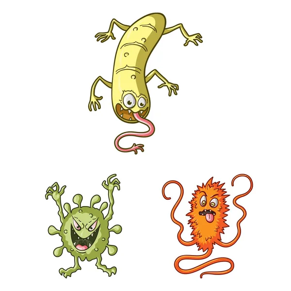 Tipos de micróbios engraçados ícones de desenhos animados na coleção de conjuntos para design. Ilustração patogênica da teia do estoque do símbolo do vetor dos micróbios . —  Vetores de Stock