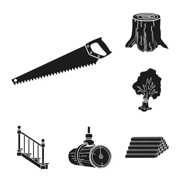 Черные иконки лесопилки и лесопилки в наборе коллекции для дизайна. Векторные векторные символы оборудования и инструментов . — стоковый вектор