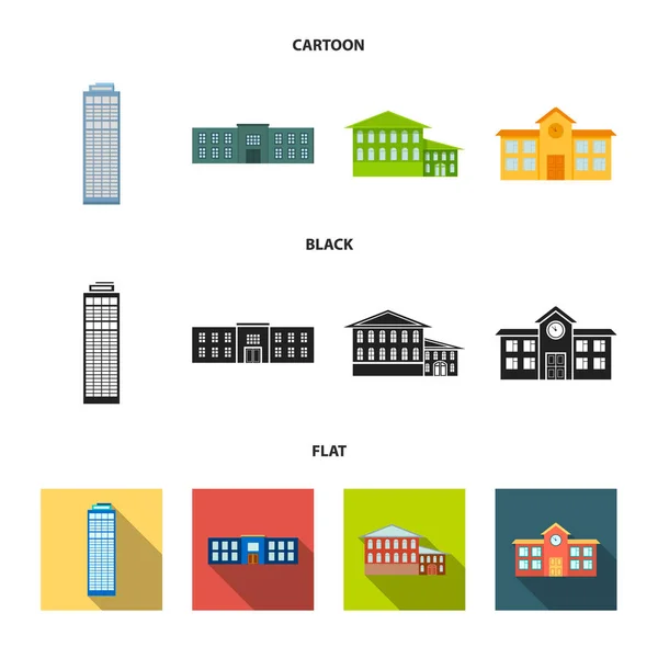 Небоскрёб, полиция, отель, школа. Иконки коллекции зданий в мультипликационном, черном, плоском стиле . — стоковый вектор