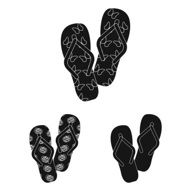 Parmak arası terlik set koleksiyonu tasarım için simgeler siyah. Beach ayakkabı sembol stok web illüstrasyon vektör.