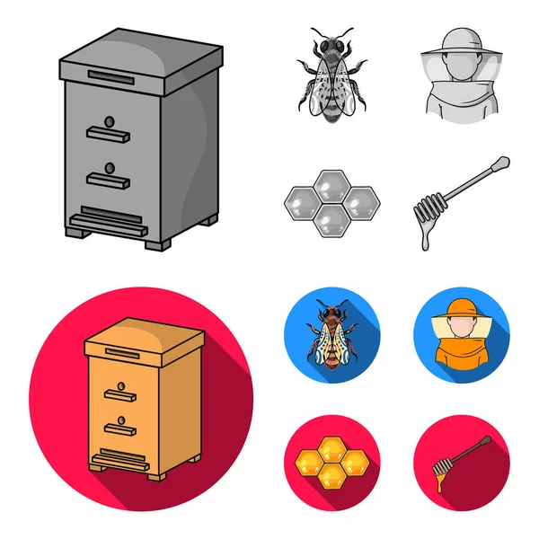De bijen, de bijen-keeper in het masker, de honingraat van de honing. Bijenteelt instellen collectie iconen in zwart-wit, vlakke stijl vector symbool stock illustratie web. — Stockvector