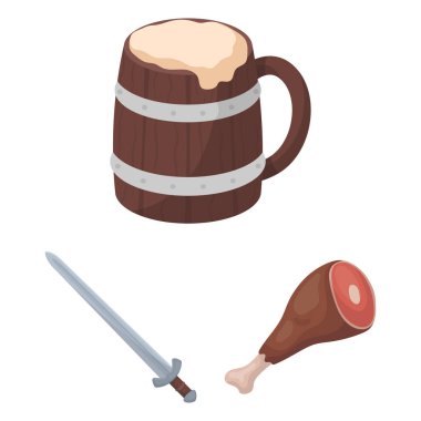 Vikingler ve öznitelikleri set koleksiyonu tasarım için simgeleri karikatür. Eski İskandinav savaşçı vektör simge stok web çizimi.