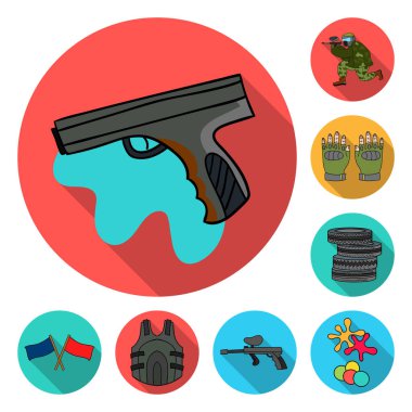 Paintball takım set koleksiyonu tasarım için oyun düz simgeler. Ekipman ve kıyafet sembol stok web illüstrasyon vektör.