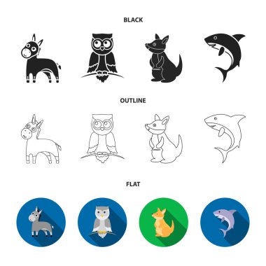 Eşek, baykuş, kanguru, köpekbalığı. Hayvan toplama simgeler karikatür tarzı vektör simge stok çizim web içinde ayarla..