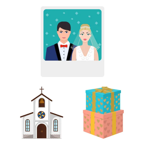 Iconos de dibujos animados de boda y atributos en la colección de conjuntos para design.Newlyweds y accesorios vector símbolo stock web illustration . — Archivo Imágenes Vectoriales