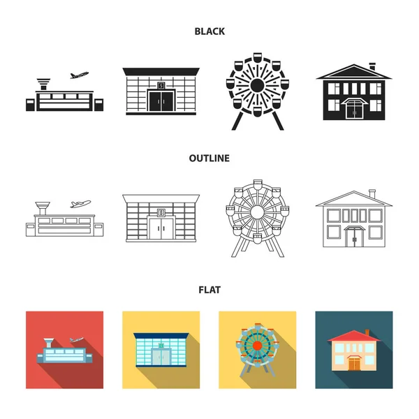 Aeroporto, banca, edificio residenziale, ruota panoramica. Costruire set di icone di raccolta in stile cartone animato vettore simbolo stock illustrazione web . — Vettoriale Stock