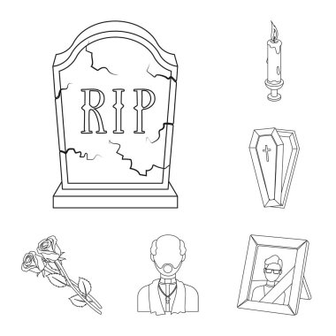 Cenaze töreni anahat simgeleri set koleksiyonu tasarım için. Cenaze törenleri ve öznitelikleri sembol stok web illüstrasyon vektör.