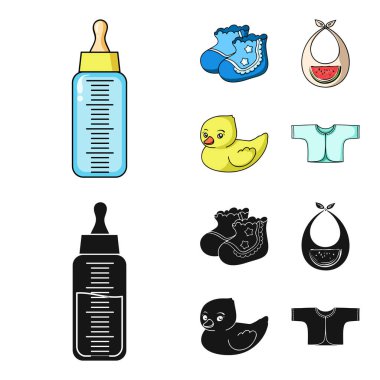 Çorap, önlük, Oyuncak ördek, raspashonka. Bebek set simgeler çizgi film, siyah stil vektör simge stok çizim web tarihi..